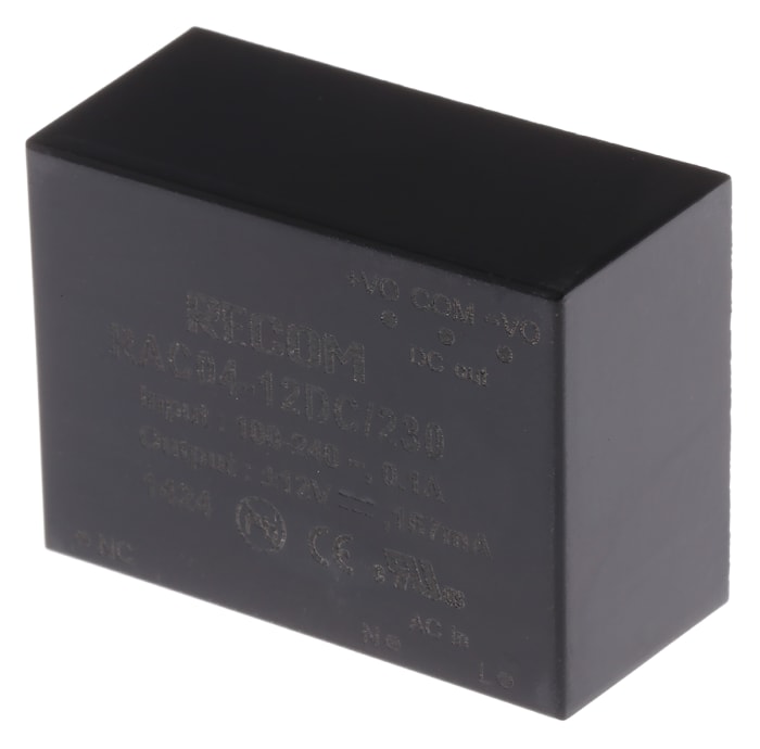 RAC04-12DC/230 The Recom RAC04-12DC/230 is an AC/DC switching power supply offering dual +/-12V outputs at 166mA each, with a total power of 4W. It accepts an input voltage range of 80-264V AC.