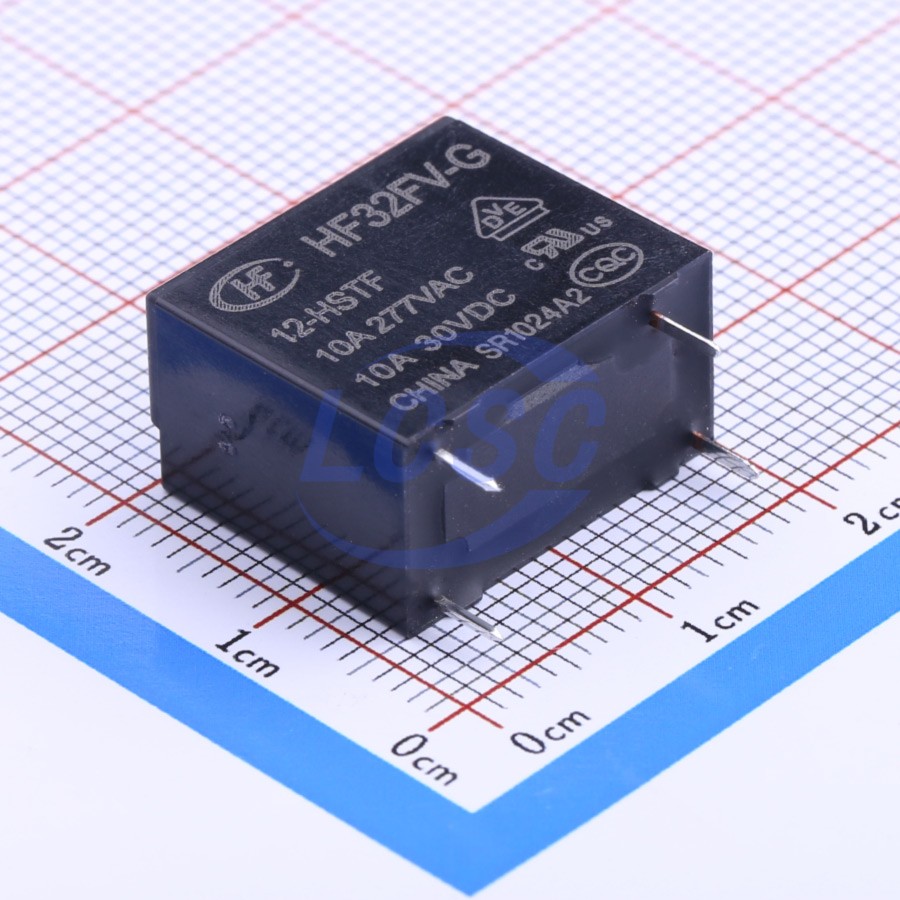 HF32FV-G/12-HSTF The Hongfa HF32FV-G/12-HSTF is a general purpose relay with a 12VDC coil and a 10A contact rating. It features a SPST-NO contact form and a Plug In package.