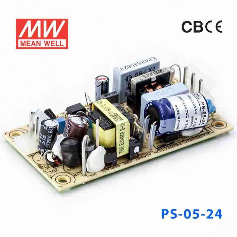 PS-05-24 The Mean Well PS-05-24 is a 5W AC to DC power supply with a 24V output. It features an open frame design and chassis mount.