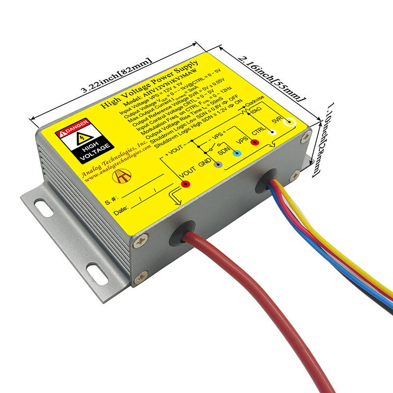 AHV12VN1KV3MAW The Analog Technologies AHV12VN1KV3MAW is a high voltage DC DC converter with a 500V output and 3mA current capability. It operates from an 11V to 13V input and features chassis mounting.