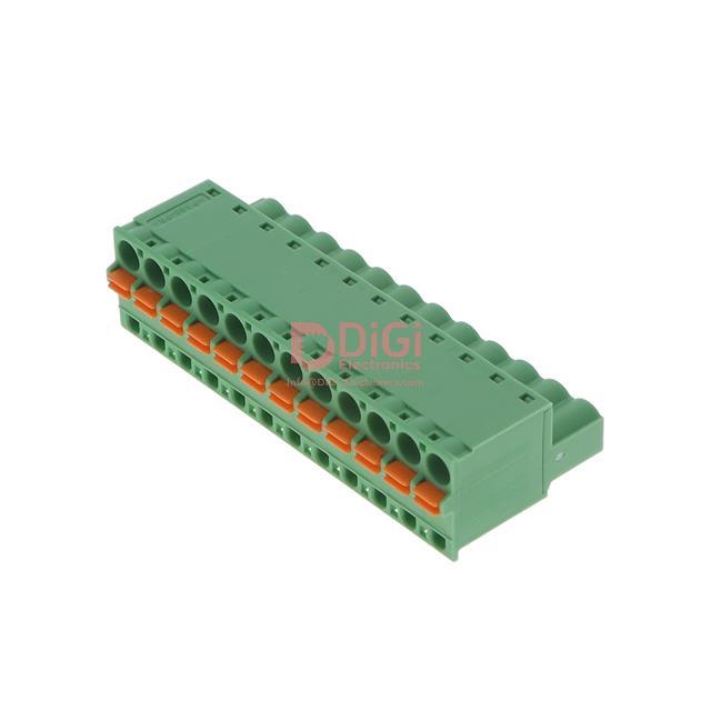 FKCT 2.5/12-ST The Phoenix Contact FKCT 2.5/12-ST is a 12-position terminal block plug with a 5.08mm pitch. It features a free-hanging mounting type and a screwless termination style.