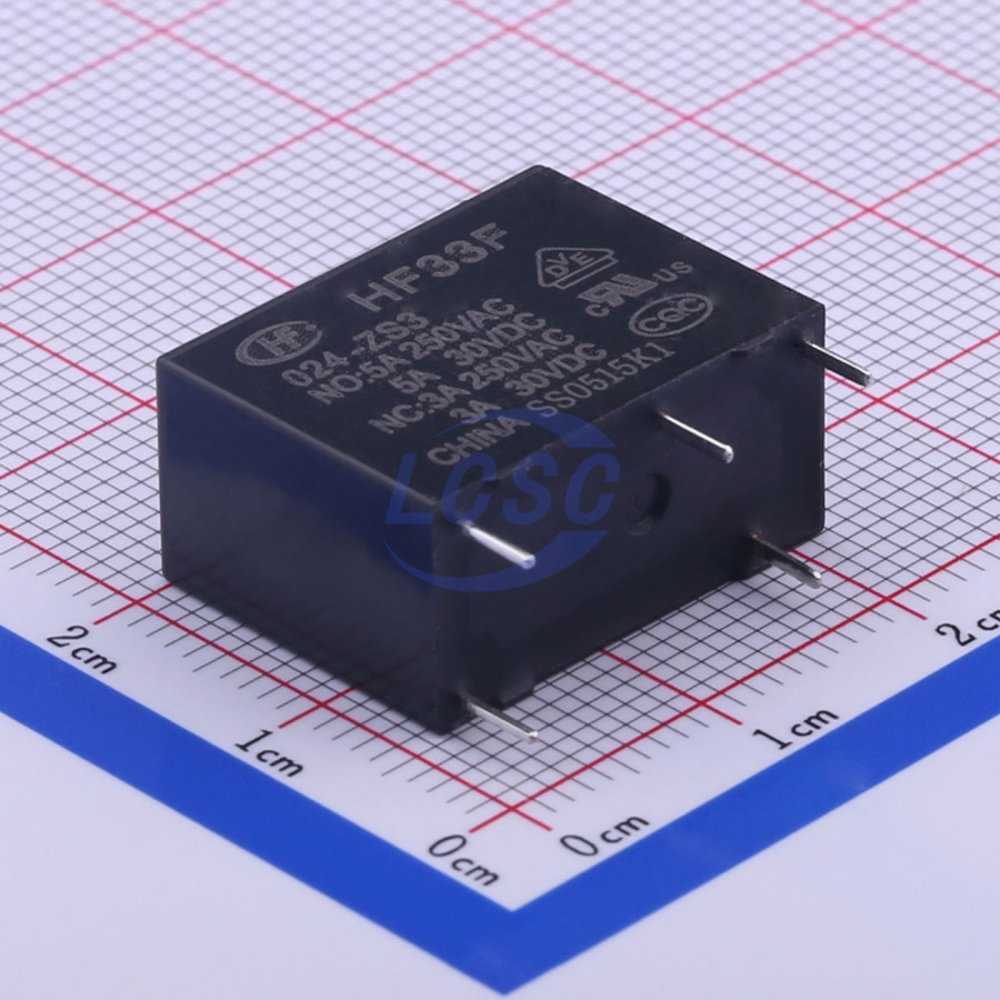 HF33F/024-ZS3 The Hongfa HF33F/024-ZS3 is a power relay designed for applications requiring over 2 amps. It features RoHS3 compliance and an MSL 1 rating.