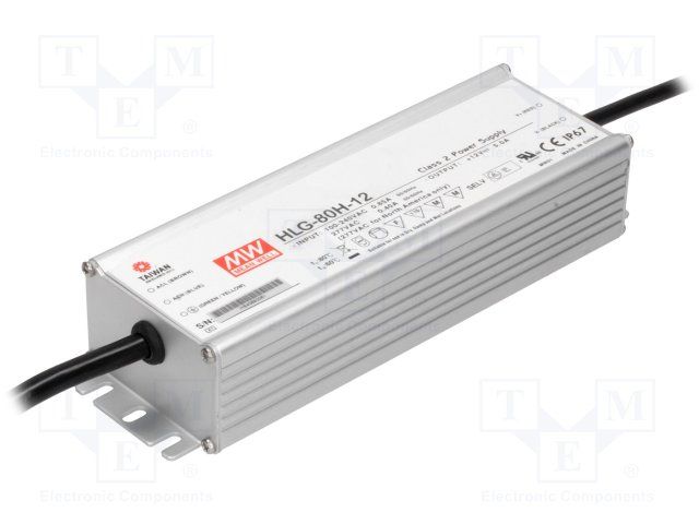 HLG-80H-12 The Mean Well HLG-80H-12 is a 60W constant current/voltage LED driver with 5A output and IP67 rating. It features 88% efficiency and comprehensive protection including OCP, OTP, OVP, and SCP.