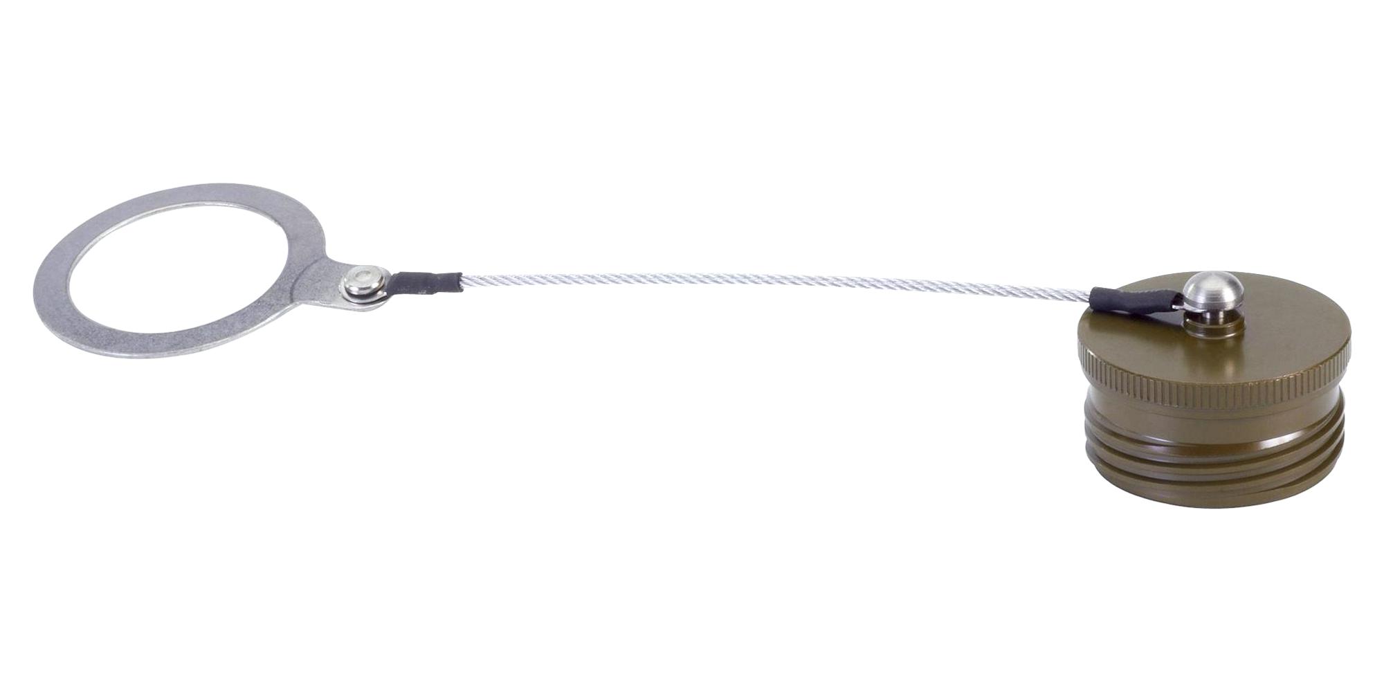 D38999/32W23R MIL-DTL-38999 Series III plug protective cap, shell size 23, aluminum olive drab cadmium finish, with metal chain and rope lanyard.
