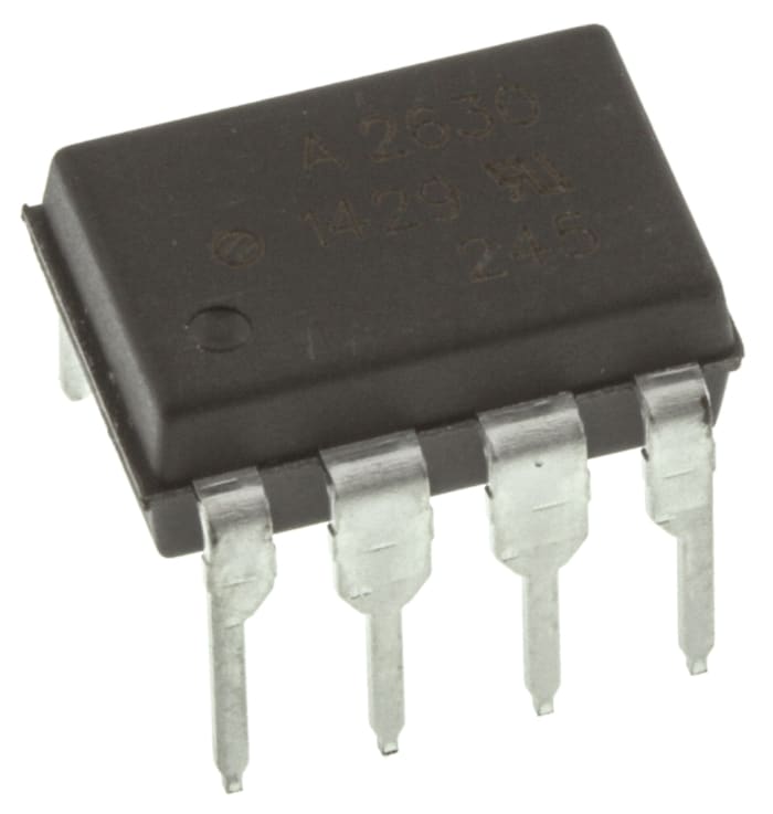 HCPL2630 The Broadcom HCPL-2630-000E is a 2-channel DC input optocoupler in an 8-pin DIP package. It offers 3.75kVrms isolation and operates up to 85°C.