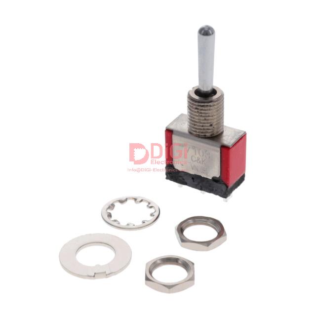 7107SHZQE The C&K Components 7107SHZQE is a toggle switch with an SPDT circuit, rated for 5A and 28V. It features a panel mount design with solder lug termination.