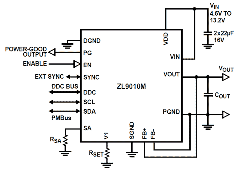 ZL9010MIRZ-T Renesas ZL9010MIRZ-T is a 10A digital DC/DC power module with PMBus interface. It provides adjustable output from 0.6V to 3.6V from a 4.5V to 13.2V input.
