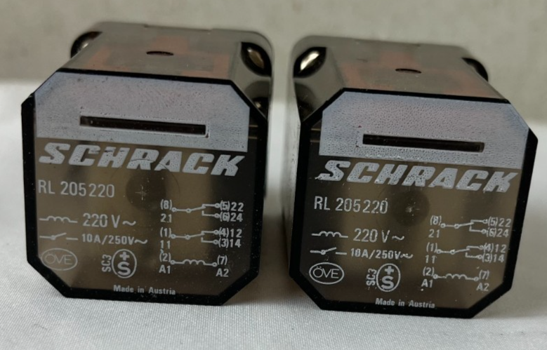 RL205220 This is a lot of two used Schrack RL205220 plug-in industrial power relays. They feature a 220V AC coil and a 10A contact rating.
