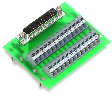 289-442 The Wago 289-442 is an interface module featuring a 25-pole male connector with solder pins. It is designed for vertical mounting and utilizes PCB terminal blocks.