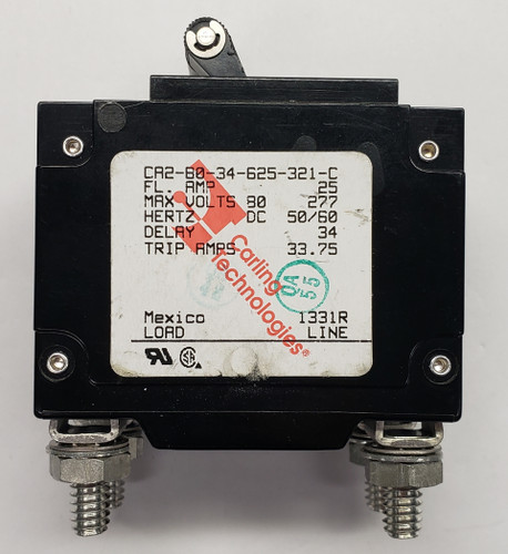 CA2-B0-34-625-321-C The Littelfuse Inc. CA2-B0-34-625-321-C is a 2-pole circuit breaker with a 25A current rating and 480V voltage rating. It features a magnetic hydraulic delay and a lever actuator for panel mounting.