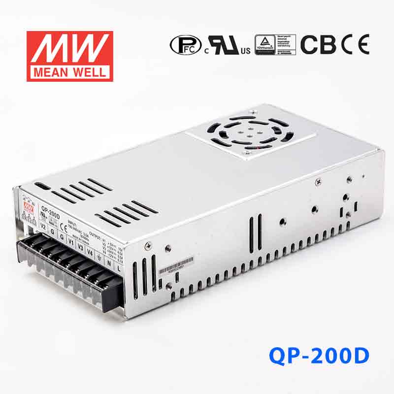 QP-200D The Mean Well QP-200D is a 203W AC/DC converter with a 5V output and 15A rated current. It features adjustable output, Active PFC, and universal input.
