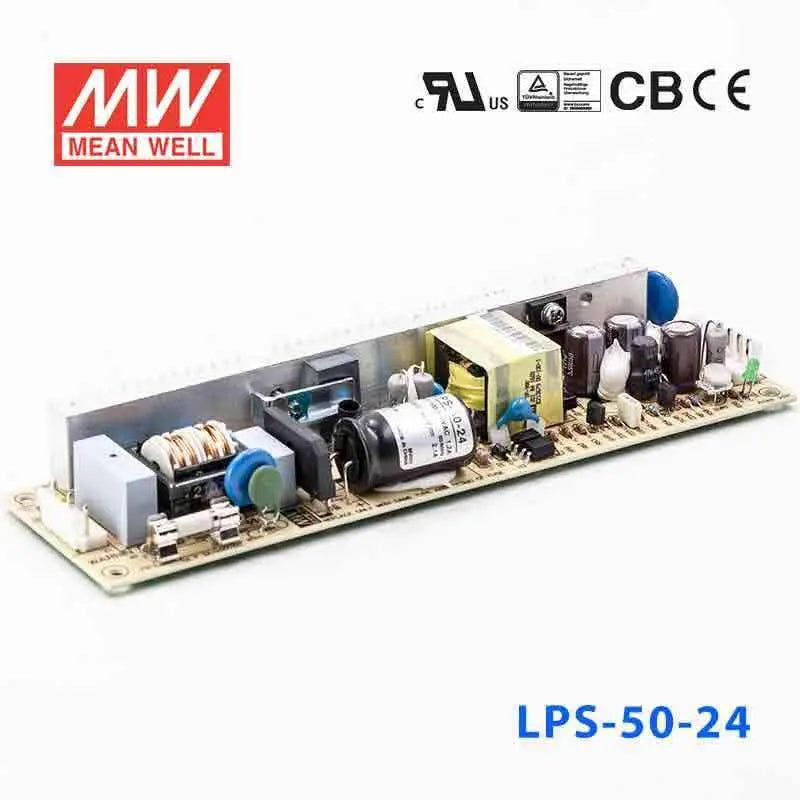 LPS-50-24 The Mean Well USA LPS-50-24 is an open-frame AC/DC converter providing 24V at 50W. It features universal AC input and adjustable output.
