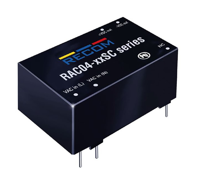 RAC04-15SC/277-E The Recom Power RAC04-15SC/277-E is a 4W AC DC converter with a 15V DC output and an input voltage range of 80-305V AC. It features SCP protection and operates between -40°C and 80°C.
