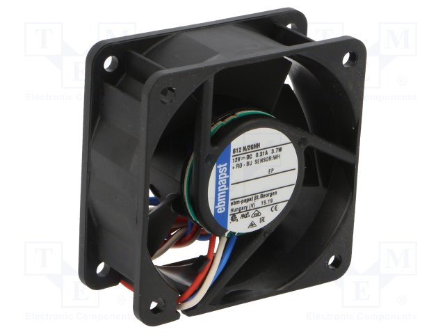612N/2GHH DC brushless axial fan, 60x60x25.4mm frame, 12VDC, 33.0 CFM airflow, 6350 RPM, 16 dB(A) noise level.