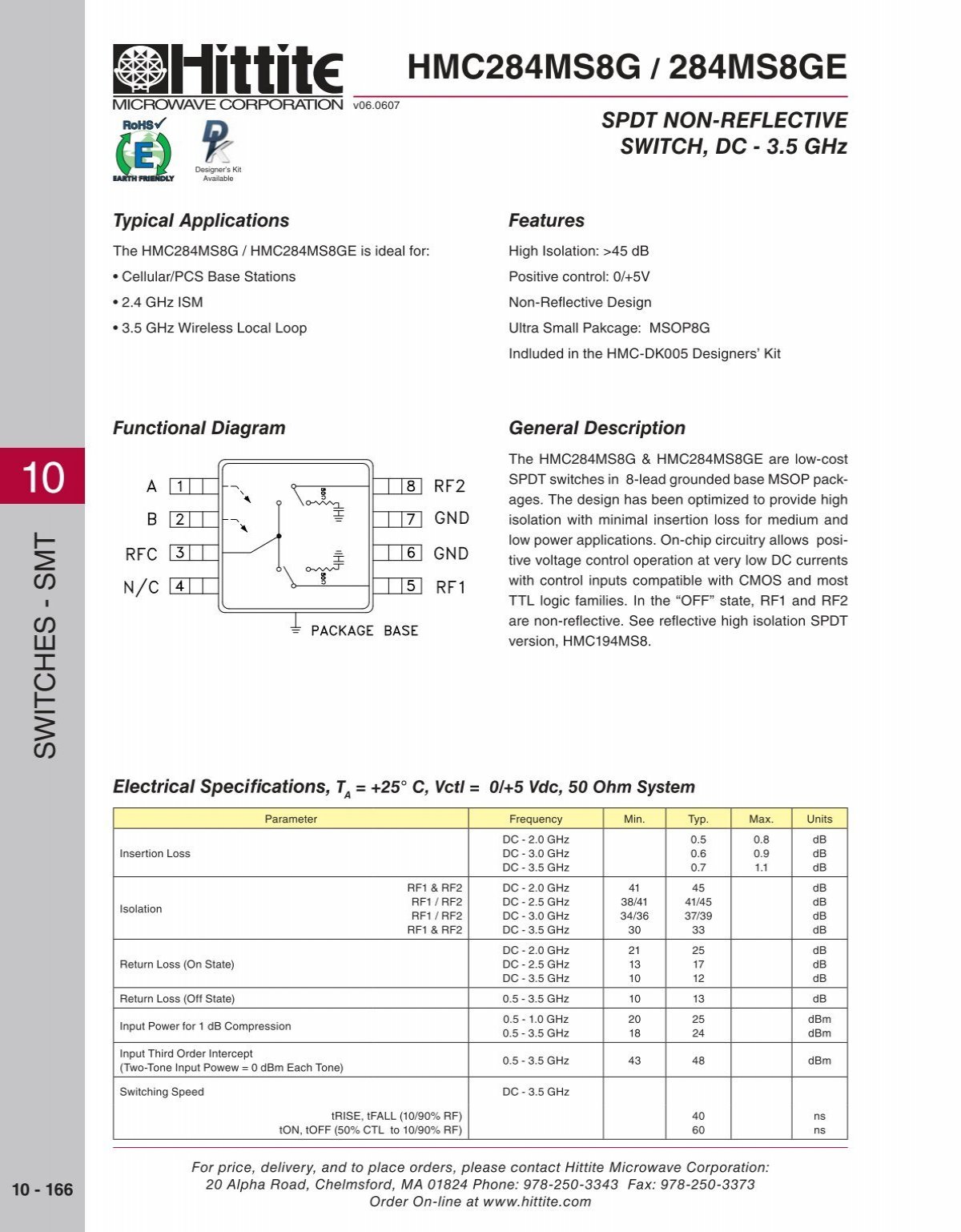 HMC284MS8G The HMC284MS8G is an SPDT non-reflective switch from Hittite Microwave, operating from DC to 3.5 GHz. It offers high isolation and low insertion loss.