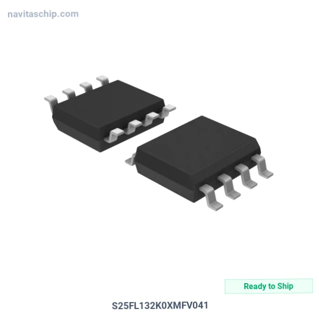S25FL132K0XMFV041 The Infineon S25FL132K0XMFV041 is a 32Mbit NOR Flash memory IC with SPI/Quad I/O interface. It operates from a 2.7V to 3.6V supply and is housed in an 8-SOIC package.