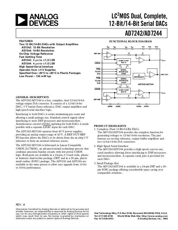 AD7243BR The Analog Devices AD7243BR is a complete 12-bit serial digital-to-analog converter. It offers selectable output ranges and a 300 kHz DAC update rate.