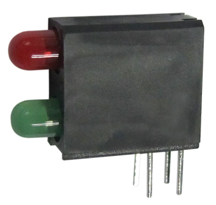 L-710A8GE/1I1GD-RV The Kingbright L-710A8GE/1I1GD-RV is a right-angle PCB LED indicator featuring two LEDs in green and red. It operates with a maximum forward current of 30mA and a minimum supply voltage of 2.5V.