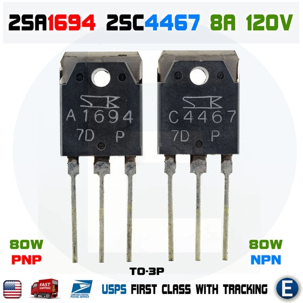 2SA1694/2SC4467 This is a Sanken 2SA1694/2SC4467 NPN+PNP power transistor pair. It offers a maximum collector current of 8A and a maximum collector-emitter voltage of 120V.