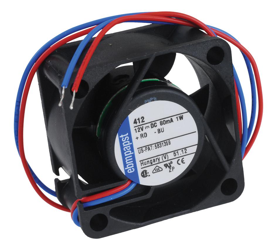412 DC axial fan from Ebm-Papst, 40mm x 40mm x 20mm, rated for 12VDC operation with 6000 RPM speed and 10 m³/h airflow.