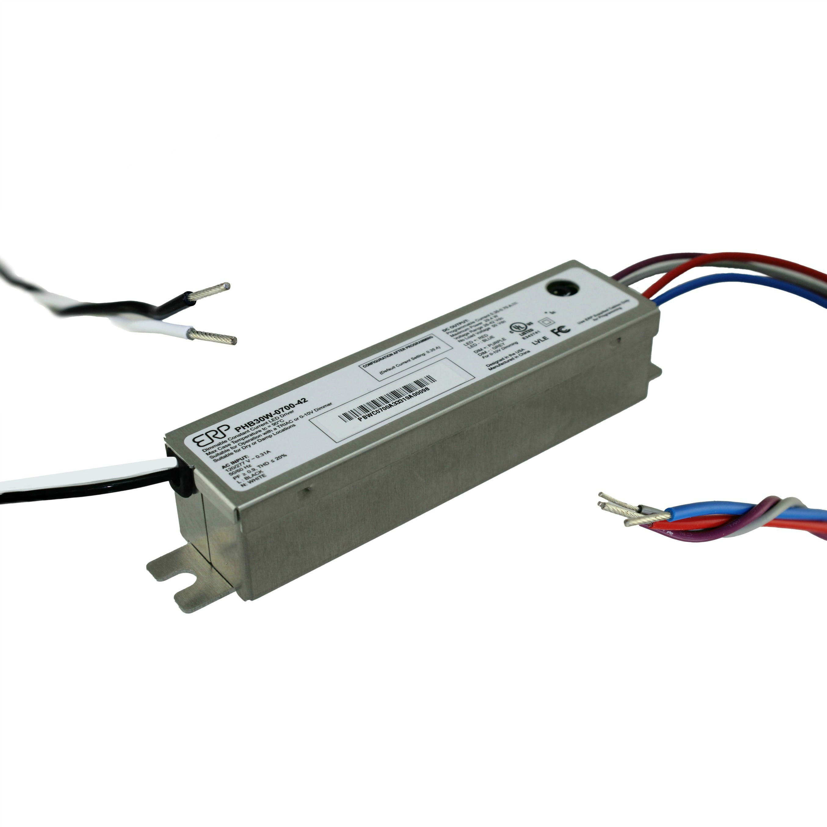 PSB30E-0700-34-T PSB30E-0700-34-T is a 24W constant current LED driver from ERP Power. It features 700 mA output at 34V, 90% efficiency, and Tri-Mode dimming support.