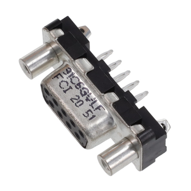 D09P81C6GV00LF D-Sub plug with 9 male pins in 2 rows, right angle press-fit termination, gold plated contacts rated at 5A per contact.