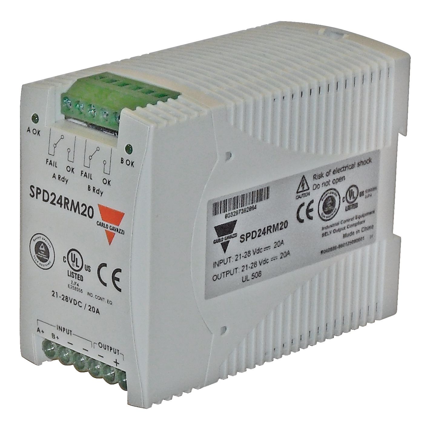 SPD24RM20 The Carlo Gavazzi SPD24RM20 is a 24VDC, 20A switching power supply redundant module. It features screw terminals and DIN-rail mounting for easy integration.
