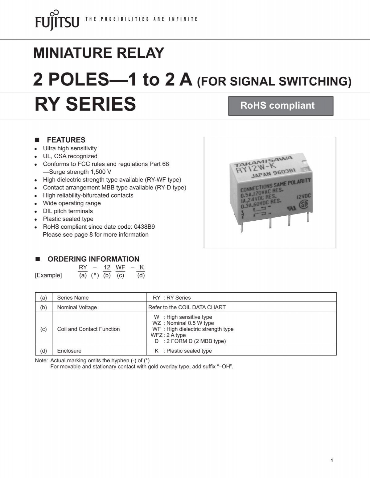 RY5W-K The Fujitsu Semiconductor RY5W-K is a miniature relay designed for signal switching applications. It offers high sensitivity and a 2A current rating.