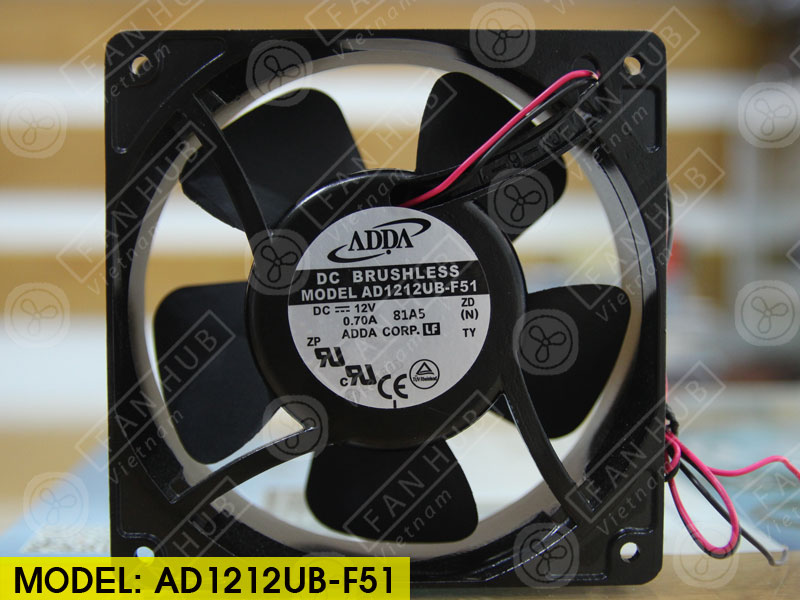 ad1212ub-f51 The ADDA AD1212UB-F51 is a 12VDC axial fan designed for inverter applications. It features a 120x120x38mm size with an airflow of 122 CFM and a speed of 3200 RPM.