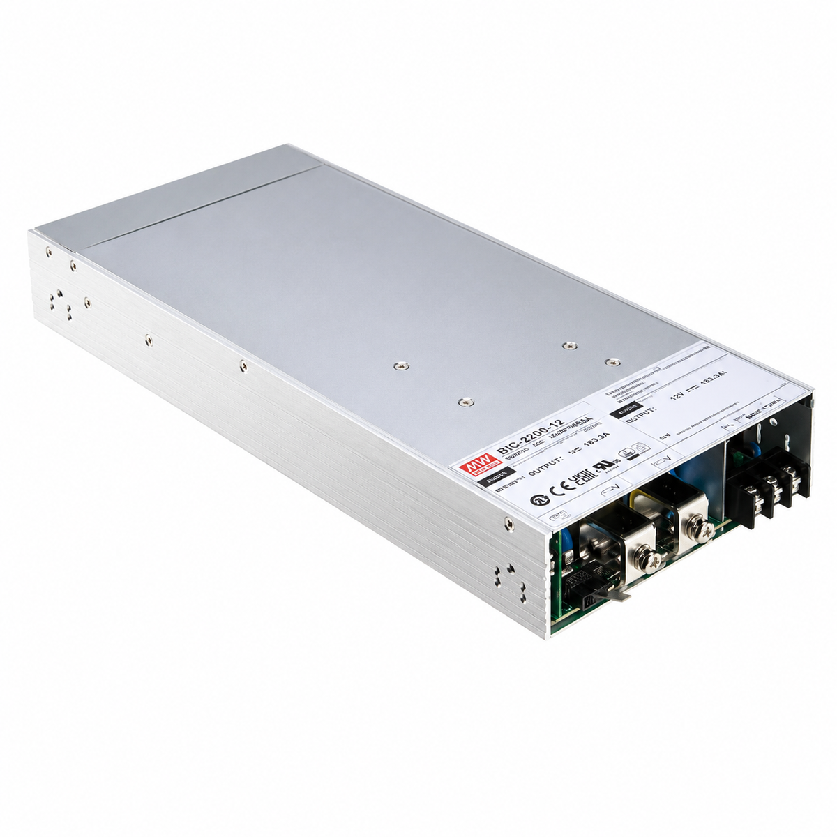 BIC-2200-12 The Mean Well USA BIC-2200-12 is an enclosed AC DC converter with a 12V output voltage and 180A rated current. It offers a power rating of 2200W.