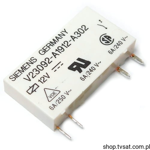V23092-A1912-A302 The Siemens V23092-A1912-A302 is a relay featuring a 12VDC coil and a 6A current rating. It has a coil resistance of 848 Ohms and comes in a SIL4 package.