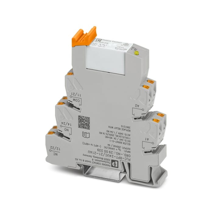 PLC-RPT- 24UC/21-21AU Phoenix Contact PLC-RPT- 24UC/21-21AU is a DPDT IO relay module with a 24V ac/dc coil, rated for 1mA minimum switching current and 30V ac / 36V dc maximum switching voltage.