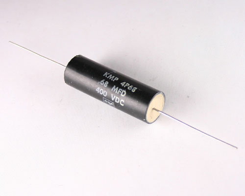 KMP4P68 The Cornell Dubilier Electronics KMP4P68 is an axial film capacitor with a capacitance of 0.68uF and a voltage rating of 400VDC. It offers a wide operating temperature range from -55°C to +125°C.