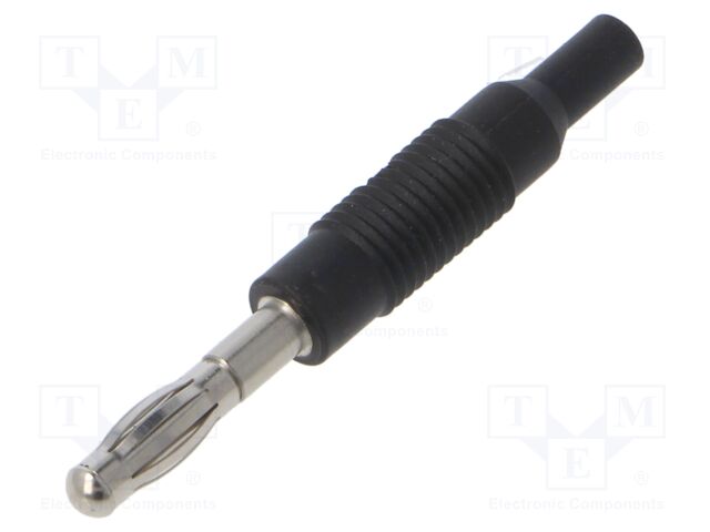 973599100 The Hirschmann 973599100 is a black 4mm banana plug designed for laboratory use. It offers a 6A current rating and 30VAC/60VDC voltage rating.