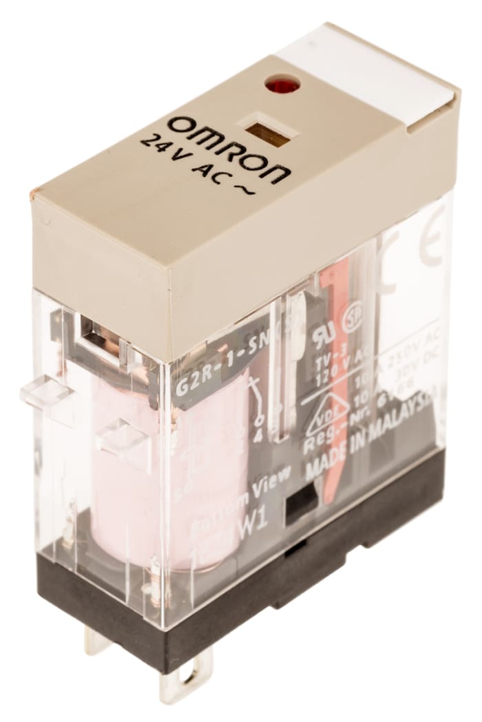 353-843 This Omron G2R-1-SN 24VAC (S) is a SPDT power relay with a 10A switching current and a 24V AC coil. It features quick connect terminals for easy installation.