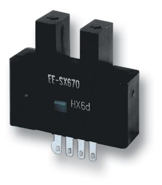 EE-SX671P The Omron EE-SX671P is a slot type photointerrupter sensor with a 5mm sensing distance and PNP open collector output. It operates on 5-24V and is designed for chassis mounting.