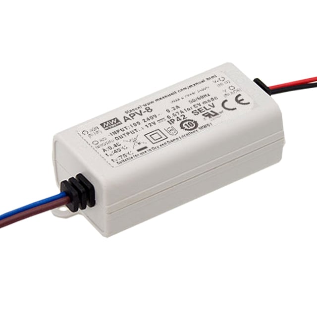 APV-8-5 Mean Well USA APV-8-5 is a constant voltage LED driver providing 5V output at 1.4A (7W) with 74% efficiency. It features OCP, OVP, SCP protections and is chassis mountable with wire leads.