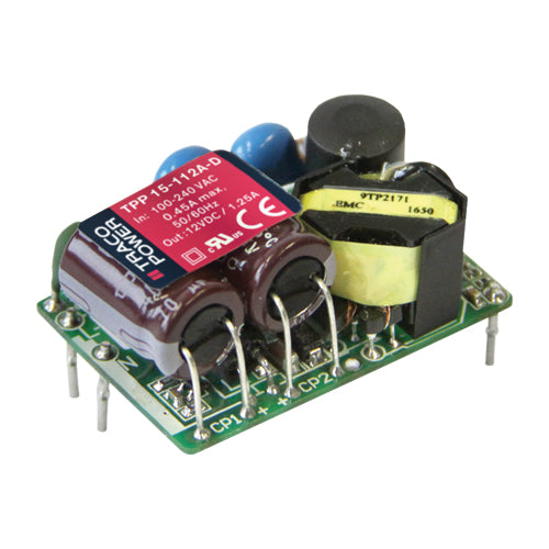 TPP 15-115A-D The Traco Power TPP 15-115A-D is an open frame AC/DC converter with a 15V output and 1A current, delivering 15W of power. It features a universal AC input range.