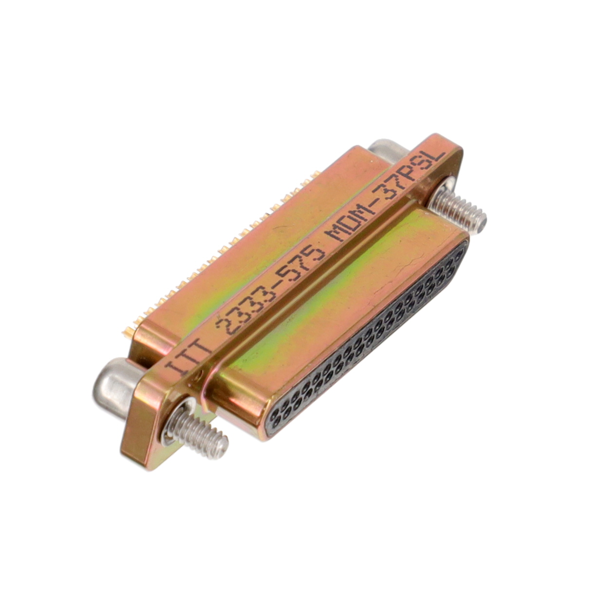 MDM-37PSL ITT Cannon MDM-37PSL is a 37-position Micro-D plug with male pins, gold-plated contacts, and a 3A current rating. It features a panel mount design with solder cup termination and a shielded aluminum shell.
