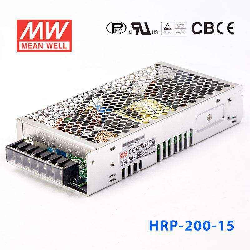 HRP-200-15 The Mean Well HRP-200-15 is a 201W AC/DC converter with a 15V output voltage and 13.4A rated current. It features universal AC input and built-in active PFC.