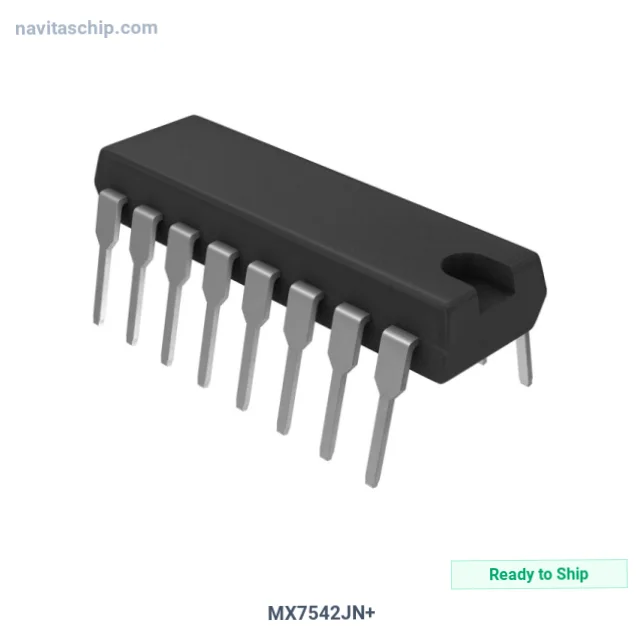 MX7542JN+ The MX7542JN+ is a 12-bit digital-to-analog converter from Analog Devices / Maxim Integrated. It features a 2µs settling time and operates with 5V supplies.