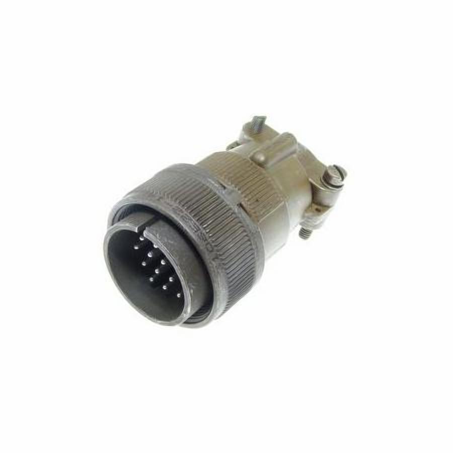 MS3106E22-14P MS3106E22-14P is a 19-position circular connector plug with male pins from ITT Cannon. It features solder cup termination, silver contacts, and is rated for 22A and 500VAC/700VDC.