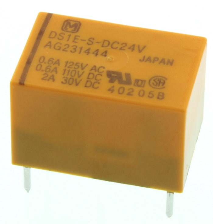 DS1E-S-DC24V The Panasonic DS1E-S-DC24V is a PCB mount signal relay with a 24V DC coil and SPST contact configuration. It offers a 3A switching current and gold-plated contacts.