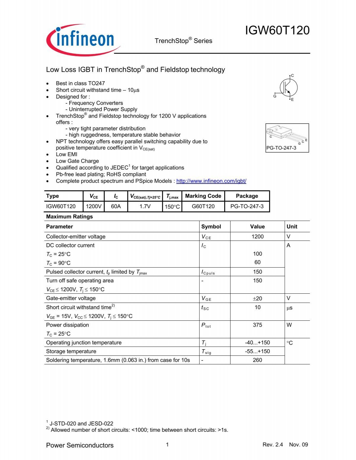 IGW60T120 The Infineon IGW60T120 is a Low Loss IGBT featuring TrenchStop and Fieldstop technology. It offers a 1200V collector-emitter voltage and 60A DC collector current.
