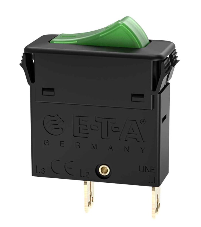 3130-F110-P7T1-W19QY7-10A The E-T-A 3130-F110-P7T1-W19QY7-10A is a single-pole thermal circuit breaker designed for panel mounting. It features a 10A current rating and supports up to 250VAC or 50VDC.
