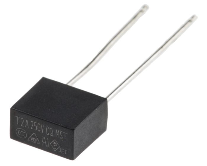 767-5055 This is an RS PRO non-resettable fuse with radial leads, rated for 2A and 250V AC. It features time delay characteristics and a thermoplastic body.