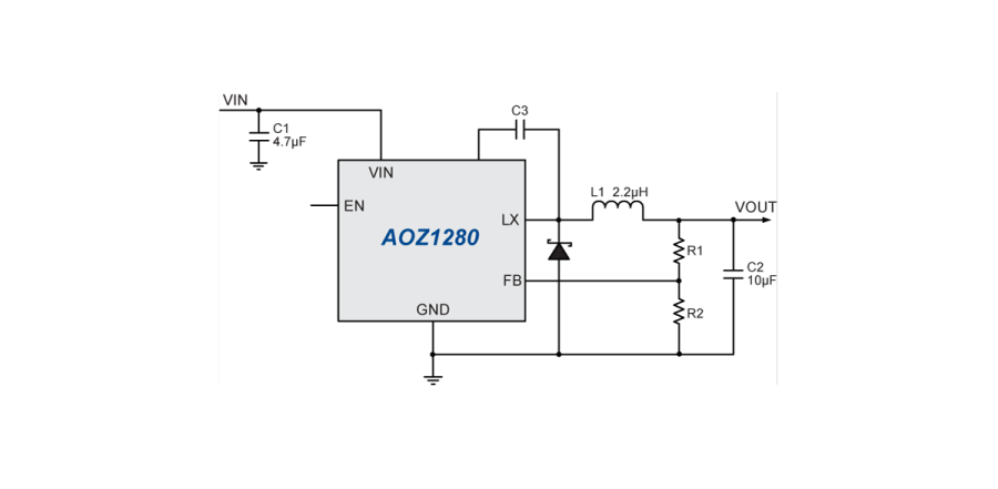 AOZ1280CI The AOS AOZ1280CI is a 1.2A non-synchronous buck regulator offering a wide 3V to 26V input voltage range. It provides an adjustable output voltage down to 0.8V.