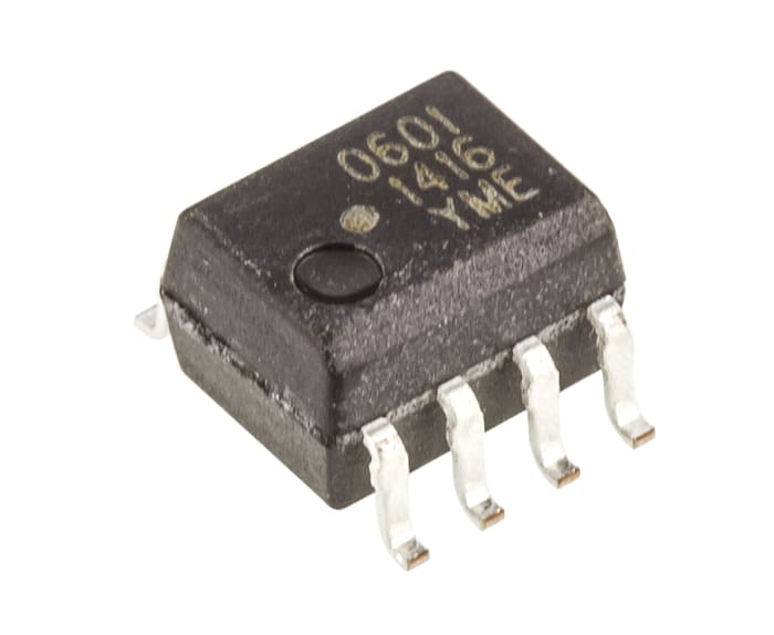 HCPL-0601-000E The Avago Technologies HCPL-0601-000E is a digital optocoupler with a surface mount SOIC package. It offers 3.75kVrms isolation and a maximum input current of 150mA.