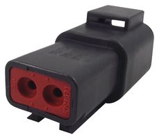 DTP04-2P-E004 2-position rectangular connector housing for male terminals with 6.71mm pitch. Sealable with IP6K9K/IP68 rating, rated for 25A and 200VDC.