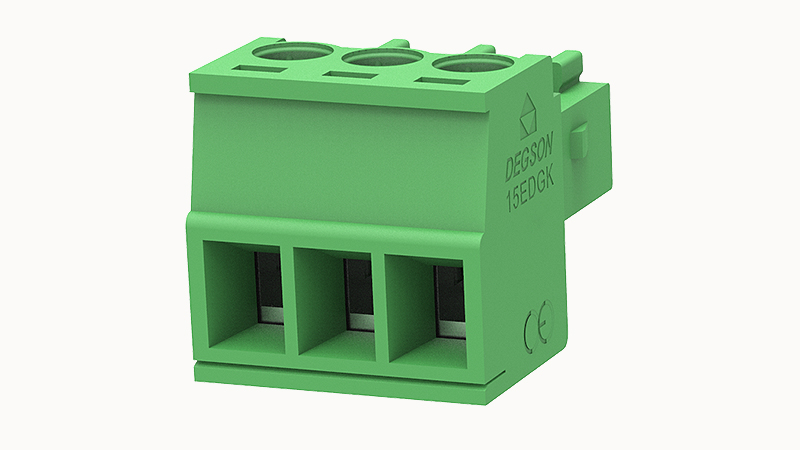 15EDGK-3.5-03P-14-00A(H) The Degson 15EDGK-3.5-03P-14-00A(H) is a pluggable terminal block designed for PCB mounting. It features a 3.5mm pitch and a 7A current rating.